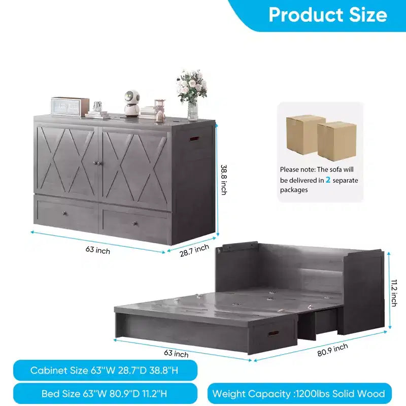 Lit escamotable Mjkone Queen Size avec station de recharge et tiroir de rangement, design peu encombrant, matelas en option
