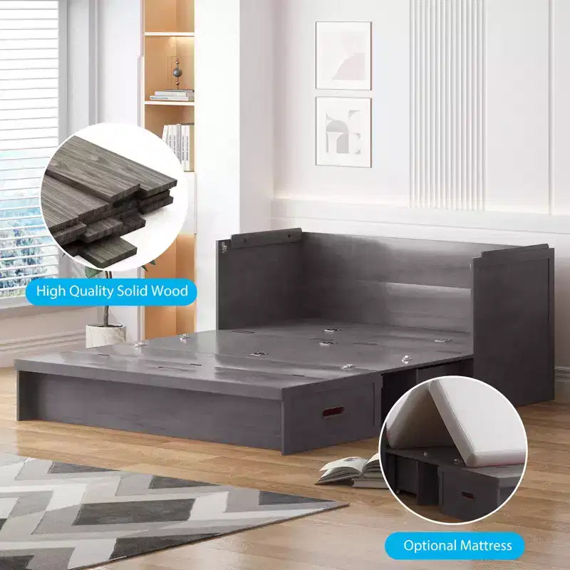 Lit escamotable Mjkone Queen Size avec station de recharge et tiroir de rangement, design peu encombrant, matelas en option