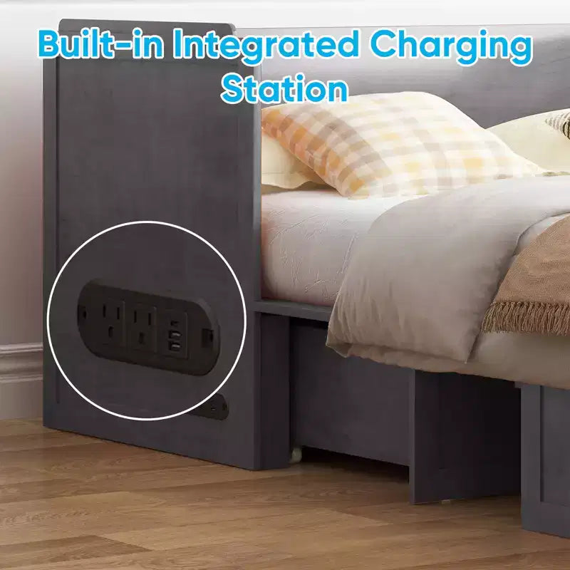Lit escamotable Mjkone Queen Size avec station de recharge et tiroir de rangement, design peu encombrant, matelas en option