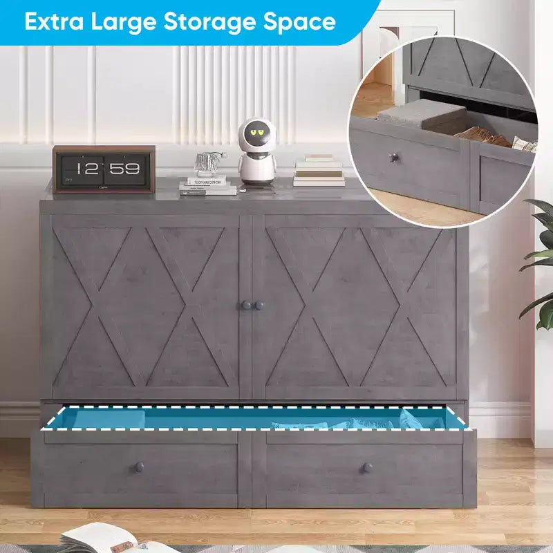 Lit escamotable Mjkone Queen Size avec station de recharge et tiroir de rangement, design peu encombrant, matelas en option