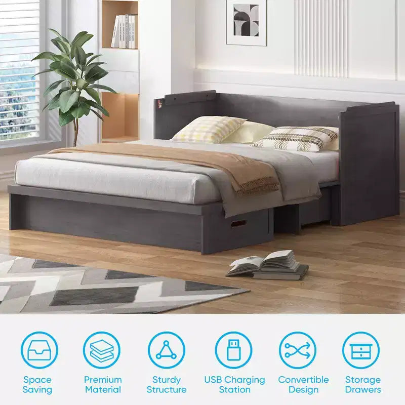 Lit escamotable Mjkone Queen Size avec station de recharge et tiroir de rangement, design peu encombrant, matelas en option