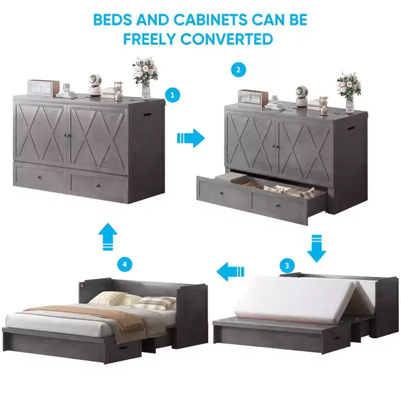 Lit escamotable Mjkone Queen Size avec station de recharge et tiroir de rangement, design peu encombrant, matelas en option