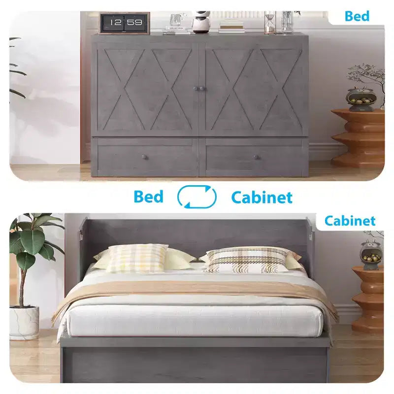 Lit escamotable Mjkone Queen Size avec station de recharge et tiroir de rangement, design peu encombrant, matelas en option