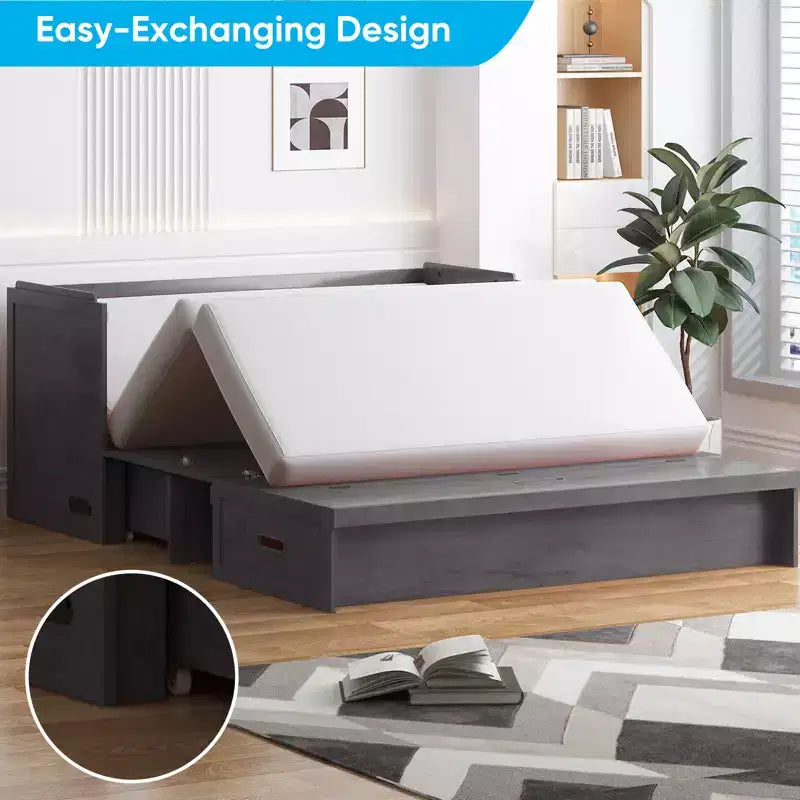 Lit escamotable Mjkone Queen Size avec station de recharge et tiroir de rangement, design peu encombrant, matelas en option