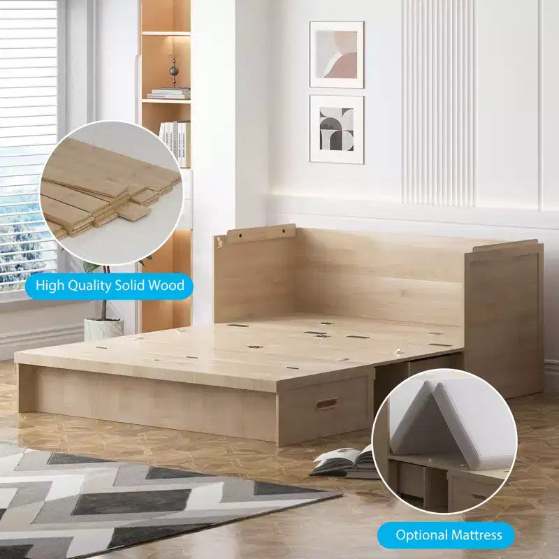 Lit escamotable Mjkone Queen Size avec station de recharge et tiroir de rangement, design peu encombrant, matelas en option