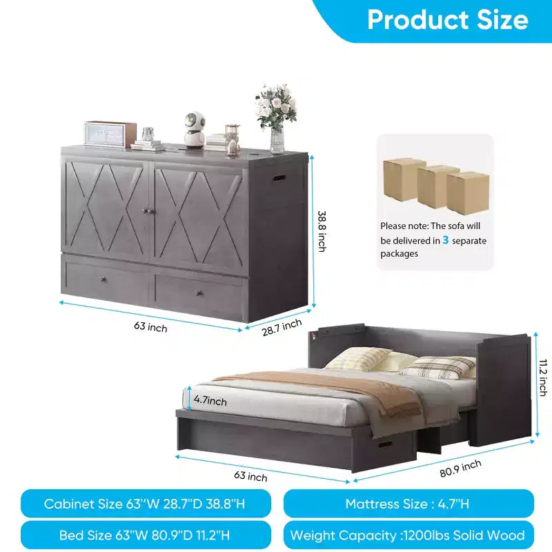 Lit escamotable Mjkone Queen Size avec station de recharge et tiroir de rangement, design peu encombrant, matelas en option