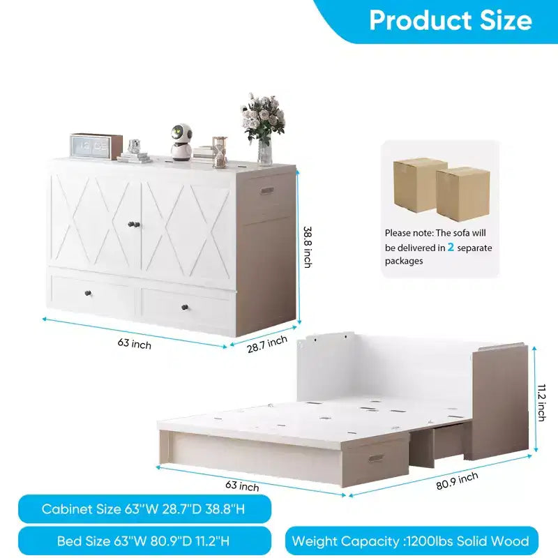 Lit escamotable Mjkone Queen Size avec station de recharge et tiroir de rangement, design peu encombrant, matelas en option