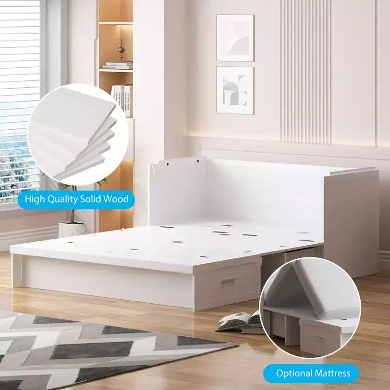 Lit escamotable Mjkone Queen Size avec station de recharge et tiroir de rangement, design peu encombrant, matelas en option