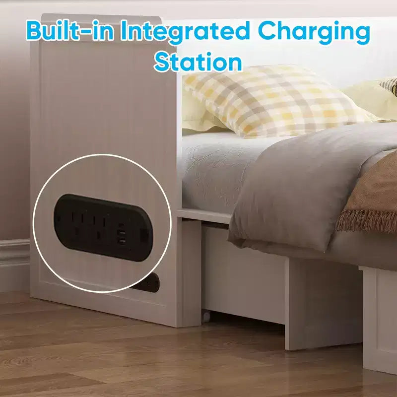 Lit escamotable Mjkone Queen Size avec station de recharge et tiroir de rangement, design peu encombrant, matelas en option