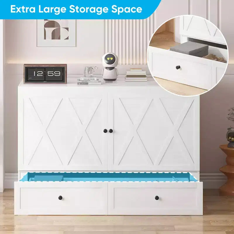 Lit escamotable Mjkone Queen Size avec station de recharge et tiroir de rangement, design peu encombrant, matelas en option