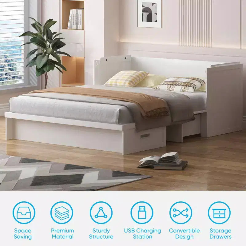 Lit escamotable Mjkone Queen Size avec station de recharge et tiroir de rangement, design peu encombrant, matelas en option