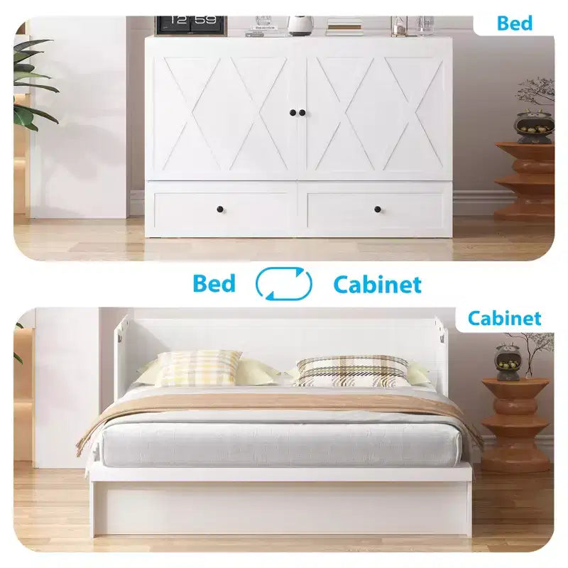 Lit escamotable Mjkone Queen Size avec station de recharge et tiroir de rangement, design peu encombrant, matelas en option
