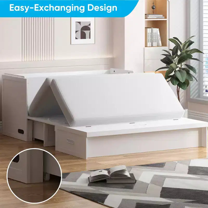Lit escamotable Mjkone Queen Size avec station de recharge et tiroir de rangement, design peu encombrant, matelas en option