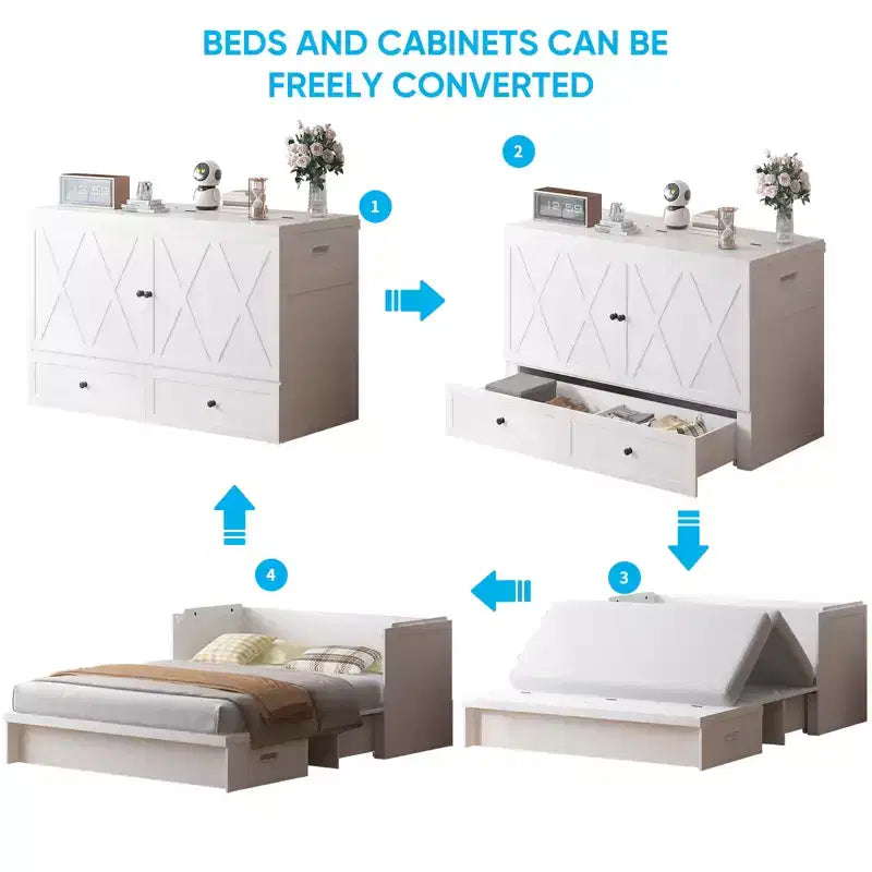 Lit escamotable Mjkone Queen Size avec station de recharge et tiroir de rangement, design peu encombrant, matelas en option