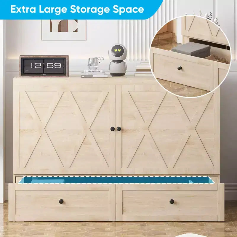 Lit escamotable Mjkone Queen Size avec station de recharge et tiroir de rangement, design peu encombrant, matelas en option