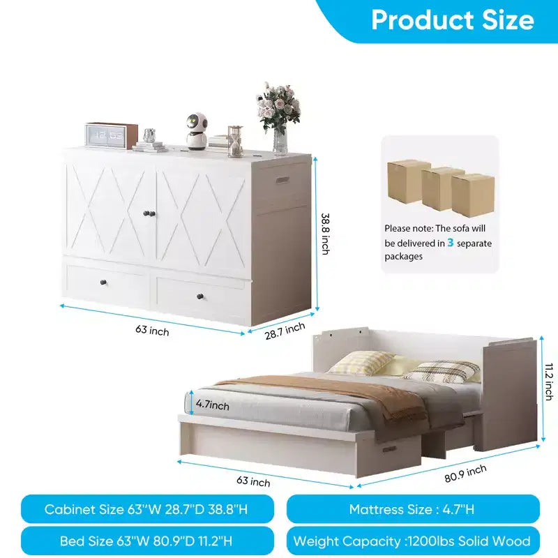Lit escamotable Mjkone Queen Size avec station de recharge et tiroir de rangement, design peu encombrant, matelas en option