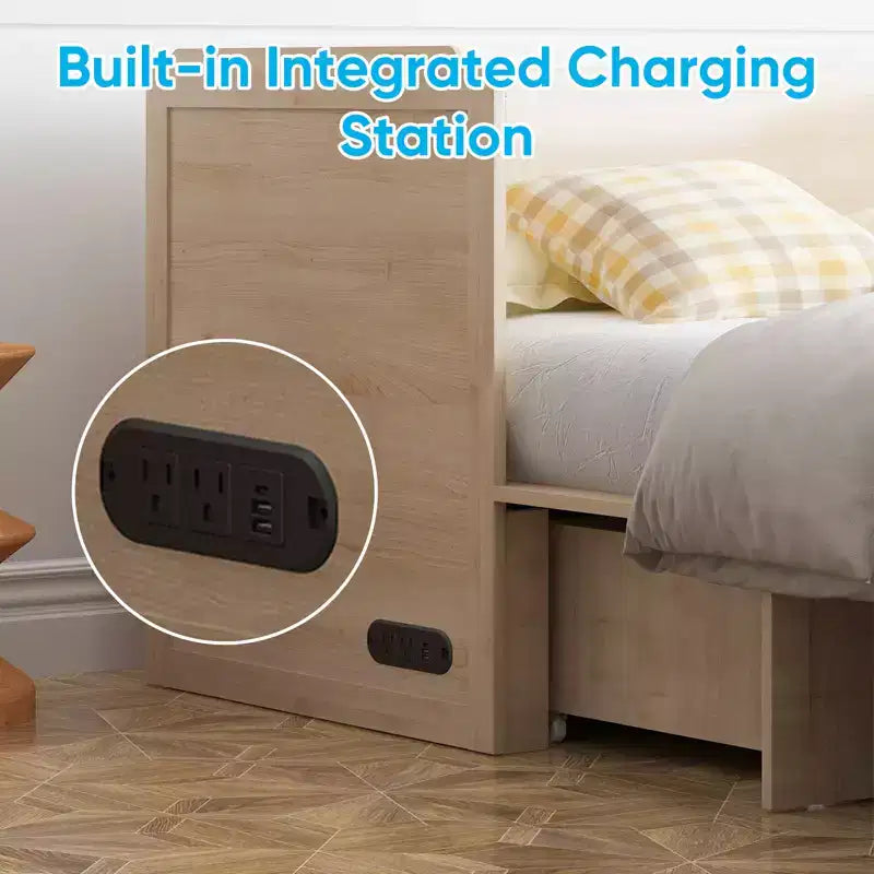 Lit escamotable Mjkone Queen Size avec station de recharge et tiroir de rangement, design peu encombrant, matelas en option