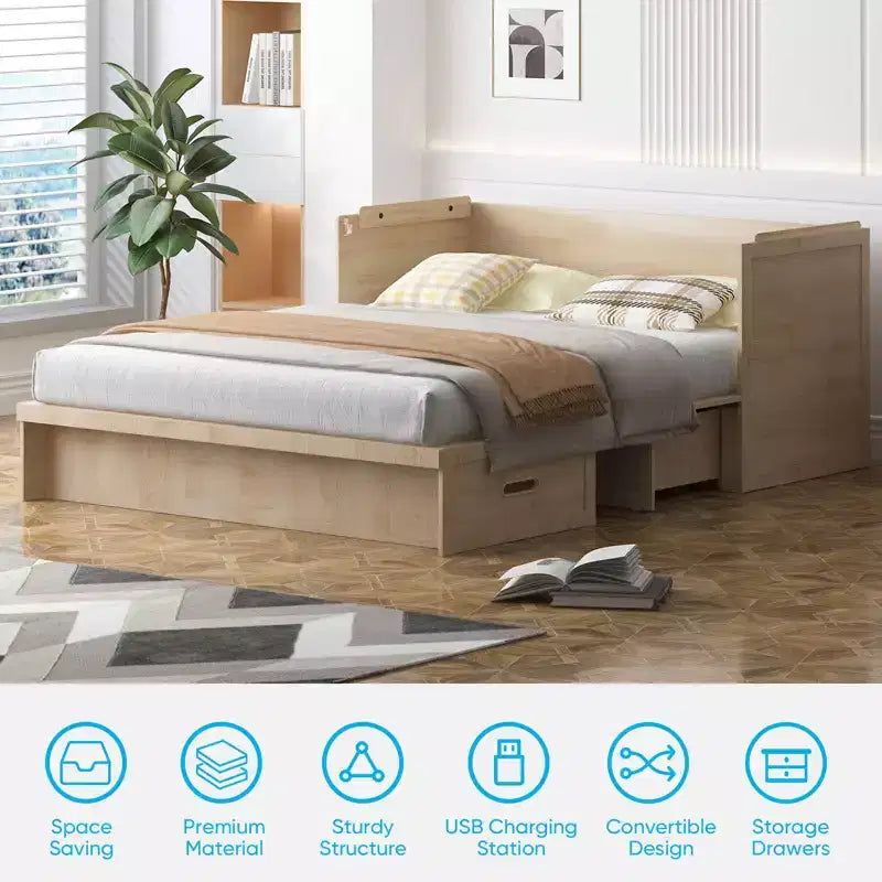 Lit escamotable Mjkone Queen Size avec station de recharge et tiroir de rangement, design peu encombrant, matelas en option