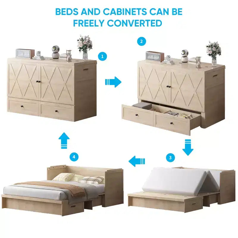 Lit escamotable Mjkone Queen Size avec station de recharge et tiroir de rangement, design peu encombrant, matelas en option