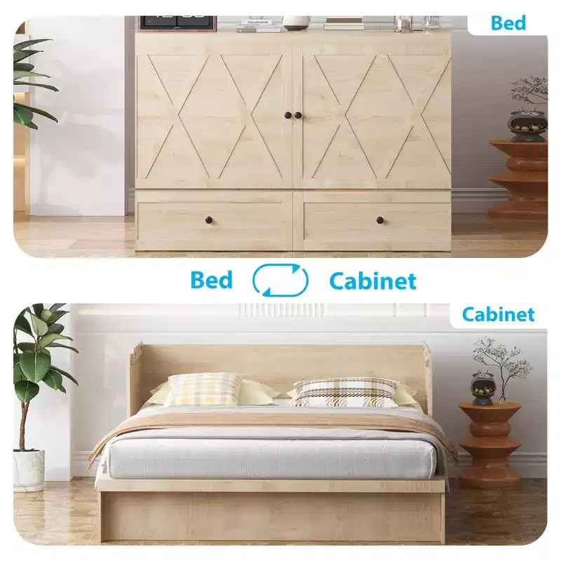 Lit escamotable Mjkone Queen Size avec station de recharge et tiroir de rangement, design peu encombrant, matelas en option