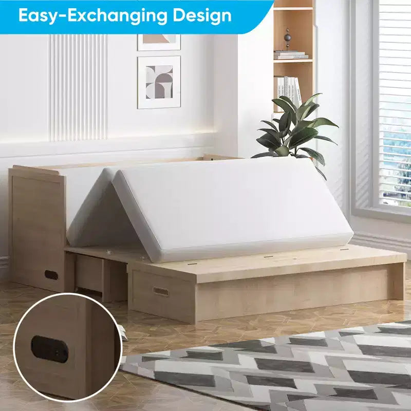 Lit escamotable Mjkone Queen Size avec station de recharge et tiroir de rangement, design peu encombrant, matelas en option
