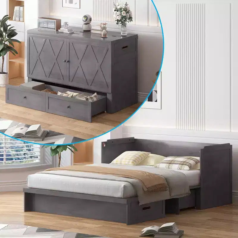 Lit escamotable Mjkone Queen Size avec station de recharge et tiroir de rangement, design peu encombrant, matelas en option