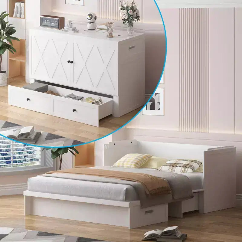 Lit escamotable Mjkone Queen Size avec station de recharge et tiroir de rangement, design peu encombrant, matelas en option