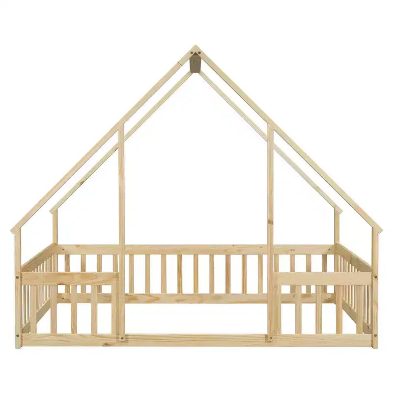 Lit au sol en bois complet en forme de maison Zeus & Ruta avec clôture et barrières de sécurité