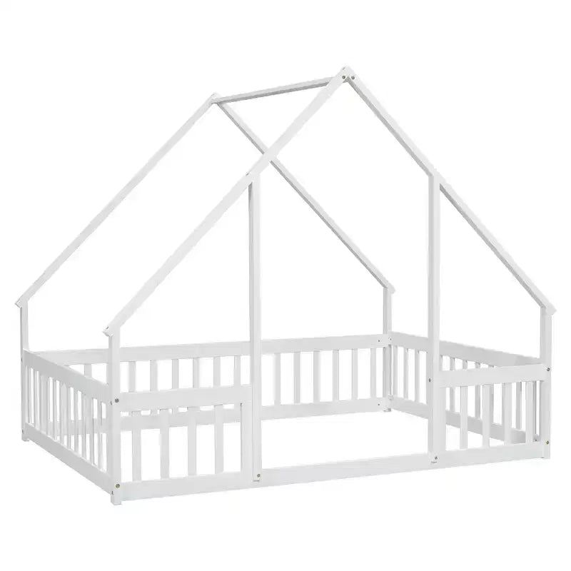 Lit au sol en bois complet en forme de maison Zeus & Ruta avec clôture et barrières de sécurité