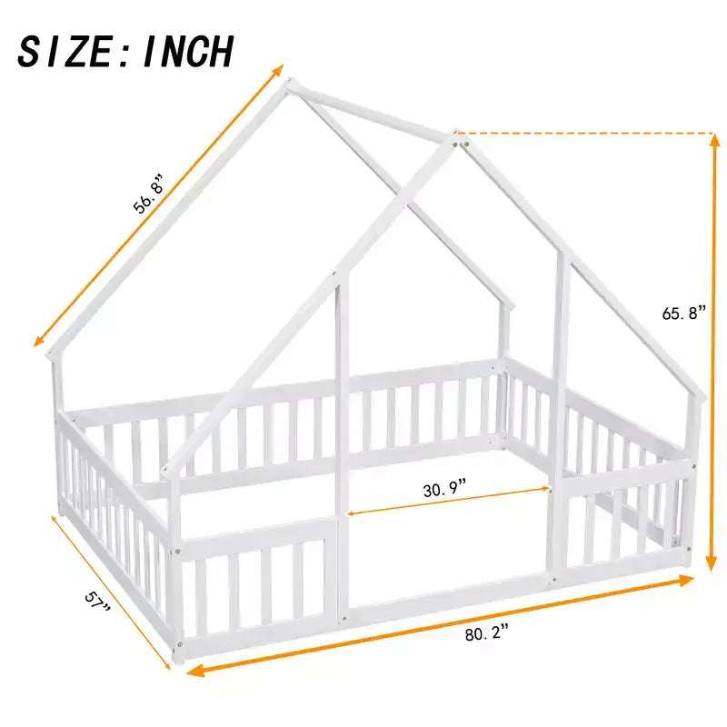 Lit au sol en bois complet en forme de maison Zeus & Ruta avec clôture et barrières de sécurité