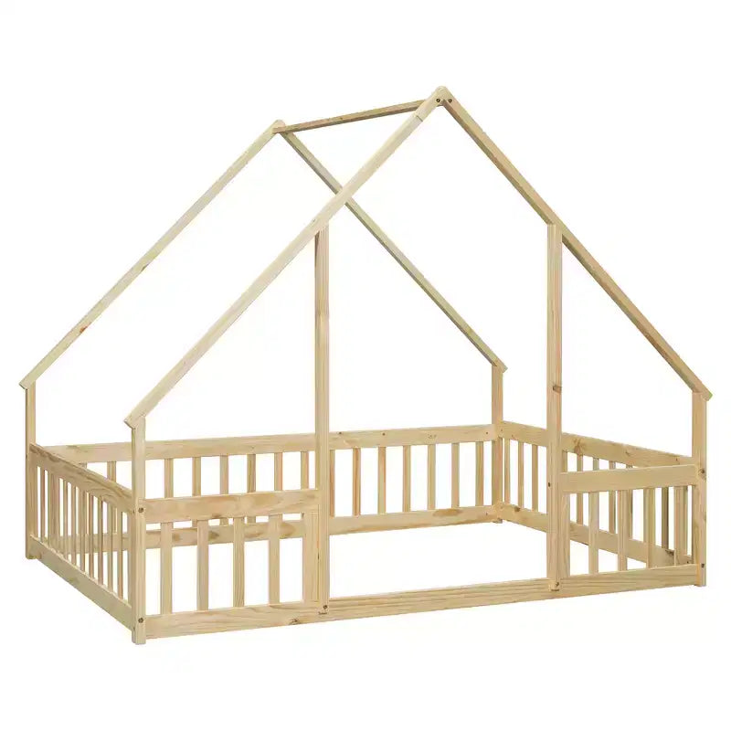 Lit au sol en bois complet en forme de maison Zeus & Ruta avec clôture et barrières de sécurité