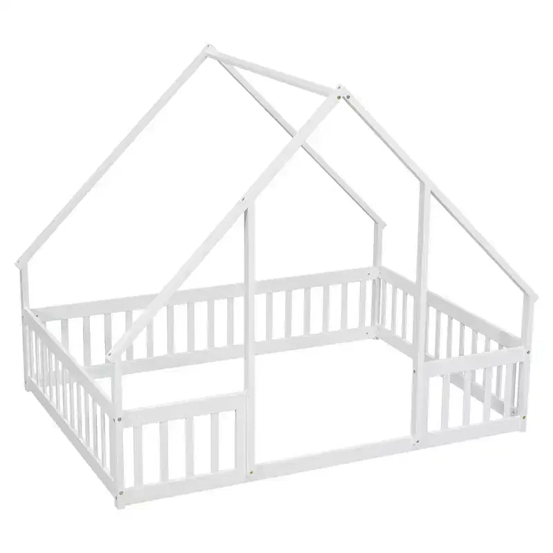 Lit au sol en bois complet en forme de maison Zeus & Ruta avec clôture et barrières de sécurité