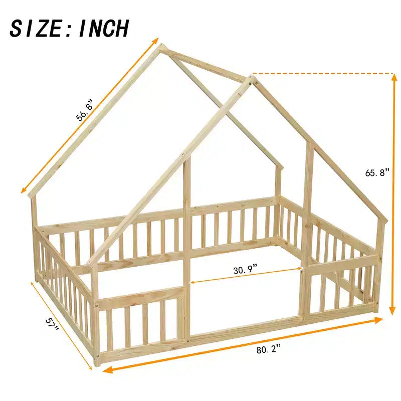 Lit au sol en bois complet en forme de maison Zeus & Ruta avec clôture et barrières de sécurité