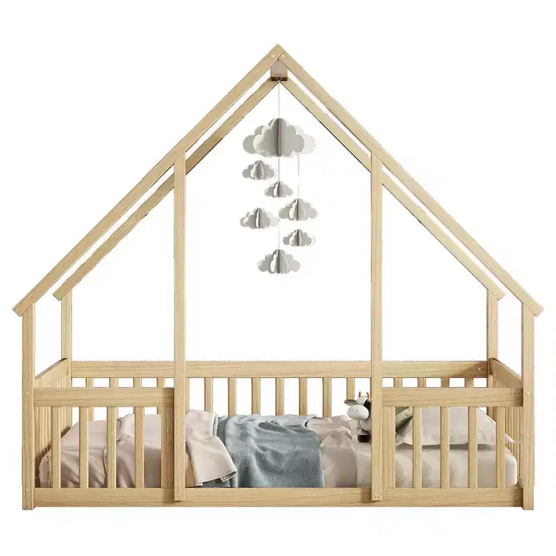 Lit au sol en bois complet en forme de maison Zeus & Ruta avec clôture et barrières de sécurité