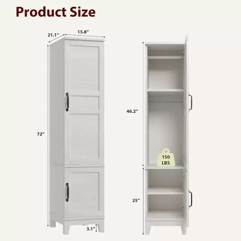 Armoire-penderie de 72 po avec 2 portes, armoire de rangement en bois avec tringle à vêtements, armoire étroite et haute avec 18 étagères réglables