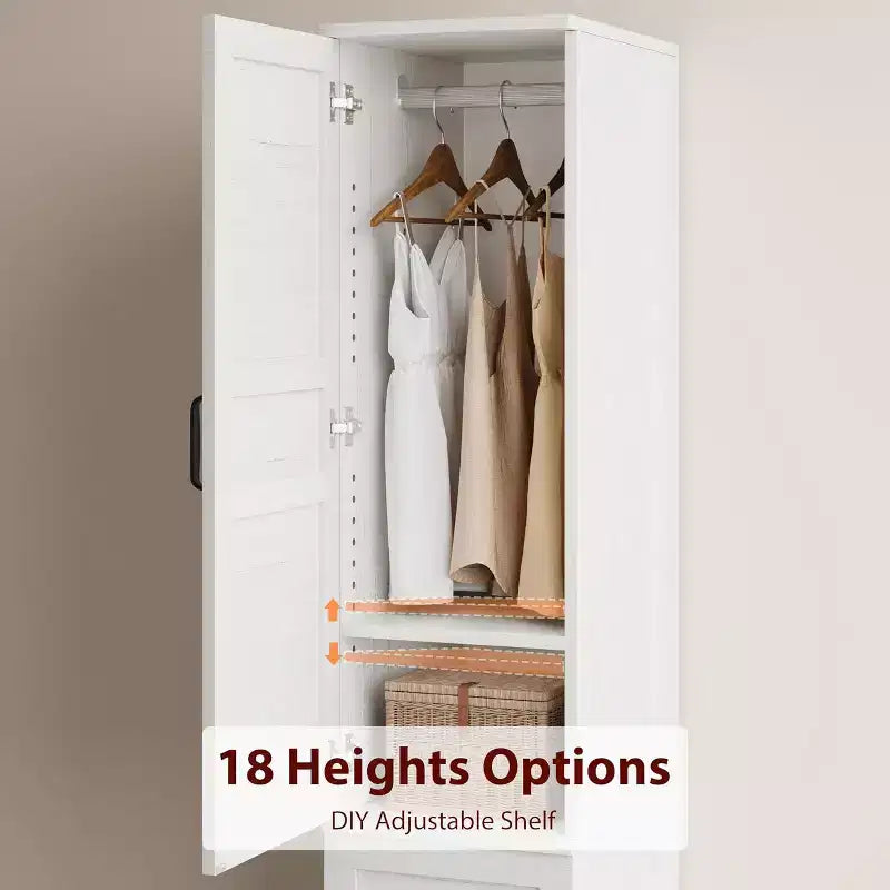 Armoire-penderie de 72 po avec 2 portes, armoire de rangement en bois avec tringle à vêtements, armoire étroite et haute avec 18 étagères réglables