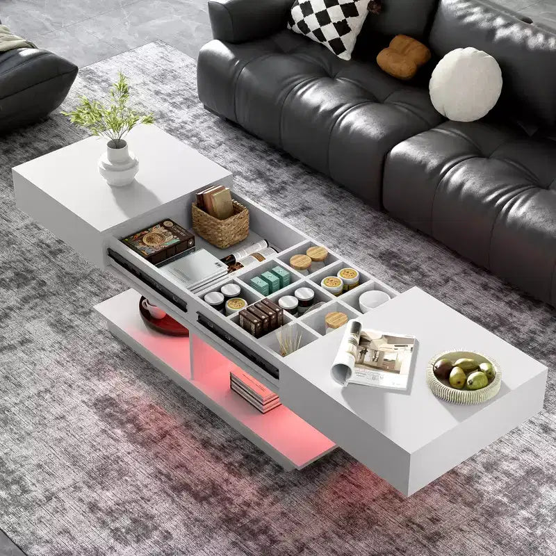 Table basse extensible moderne avec rangement, table centrale rectangulaire réglable avec espace caché pour salon