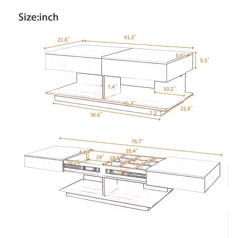 Table basse extensible moderne avec rangement, table centrale rectangulaire réglable avec espace caché pour salon
