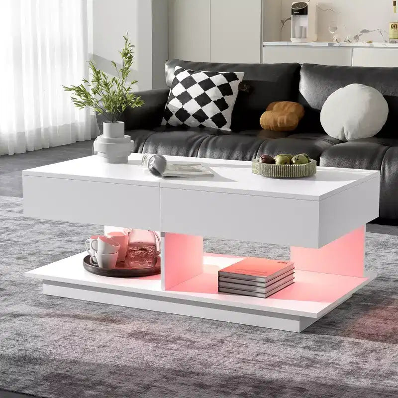 Table basse extensible moderne avec rangement, table centrale rectangulaire réglable avec espace caché pour salon