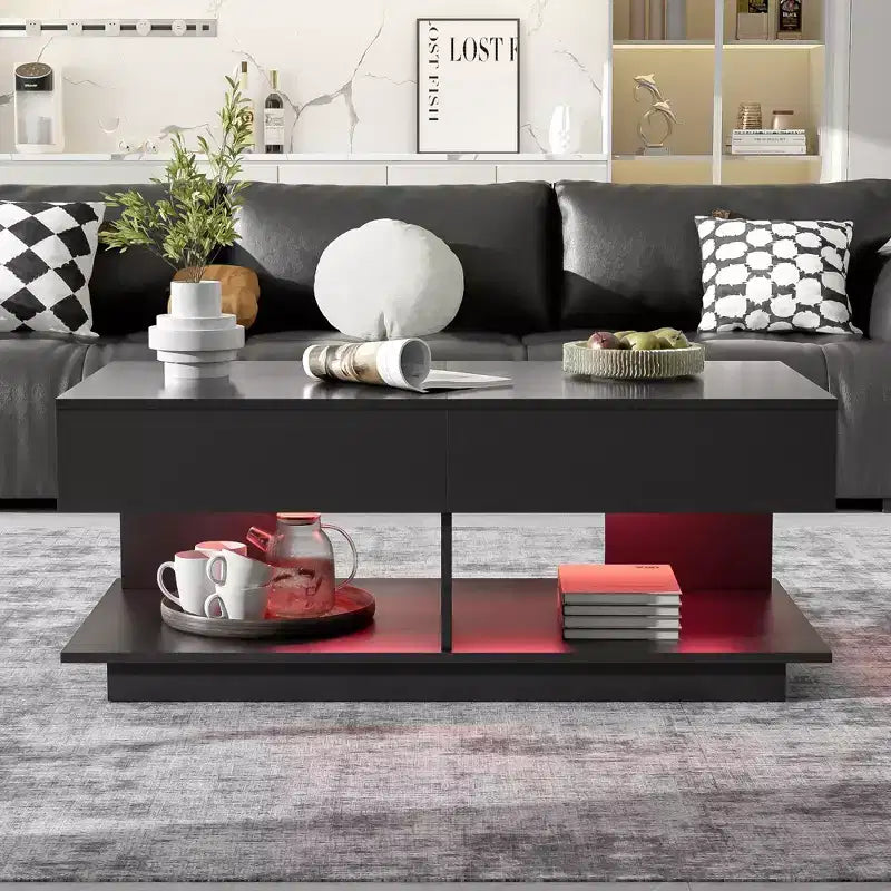 Table basse extensible moderne avec rangement, table centrale rectangulaire réglable avec espace caché pour salon