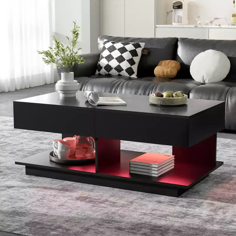 Table basse extensible moderne avec rangement, table centrale rectangulaire réglable avec espace caché pour salon