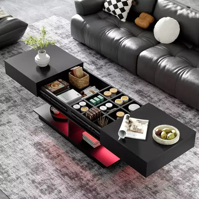 Table basse extensible moderne avec rangement, table centrale rectangulaire réglable avec espace caché pour salon