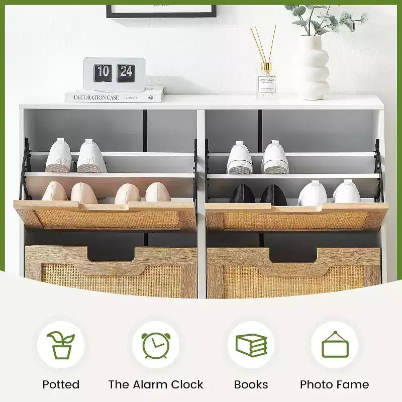 Meuble à chaussures en rotin pour entrée avec 4 portes, étagères réglables, peut contenir 20 paires, mobilier de rangement moderne, grande capacité de rangement