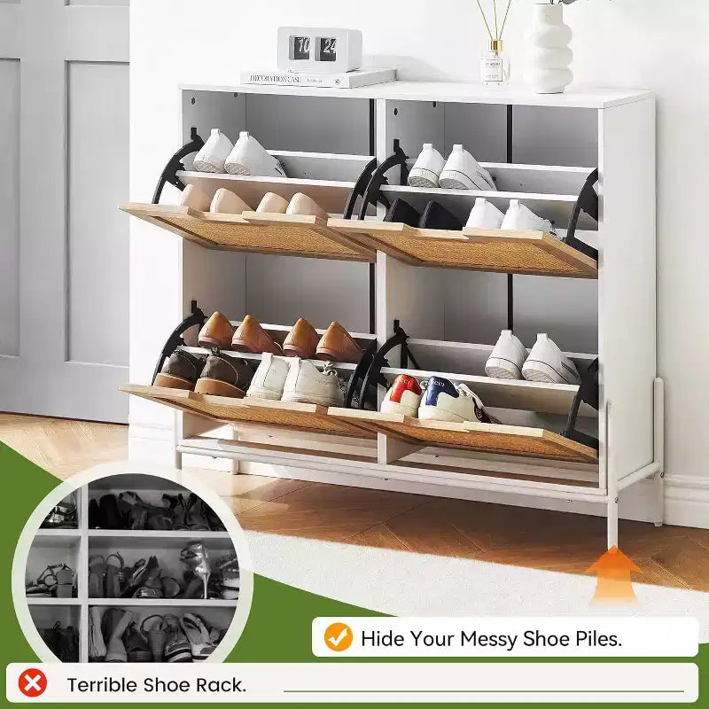 Meuble à chaussures en rotin pour entrée avec 4 portes, étagères réglables, peut contenir 20 paires, mobilier de rangement moderne, grande capacité de rangement