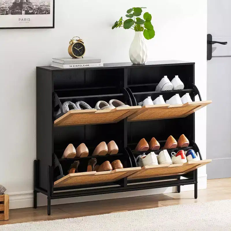 Meuble à chaussures en rotin pour entrée avec 4 portes, étagères réglables, peut contenir 20 paires, mobilier de rangement moderne, grande capacité de rangement