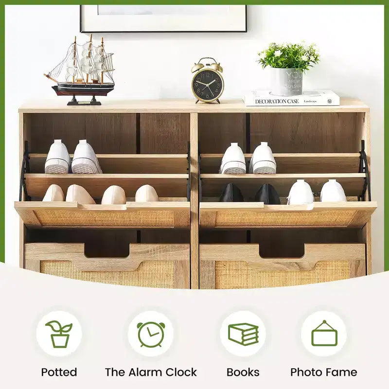 Meuble à chaussures en rotin pour entrée avec 4 portes, étagères réglables, peut contenir 20 paires, mobilier de rangement moderne, grande capacité de rangement