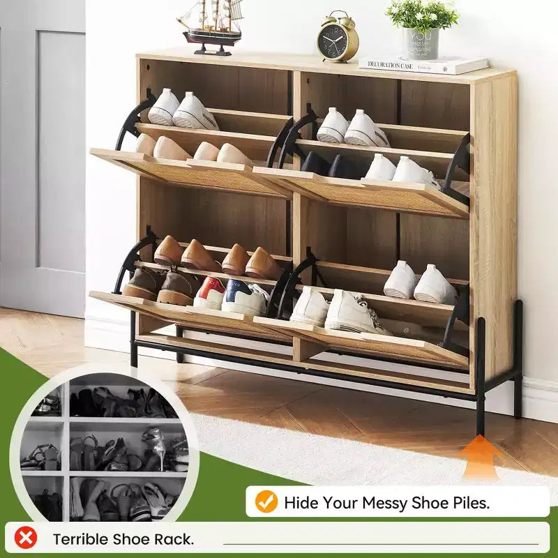 Meuble à chaussures en rotin pour entrée avec 4 portes, étagères réglables, peut contenir 20 paires, mobilier de rangement moderne, grande capacité de rangement