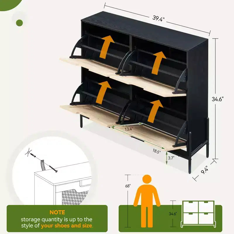 Meuble à chaussures en rotin pour entrée avec 4 portes, étagères réglables, peut contenir 20 paires, mobilier de rangement moderne, grande capacité de rangement