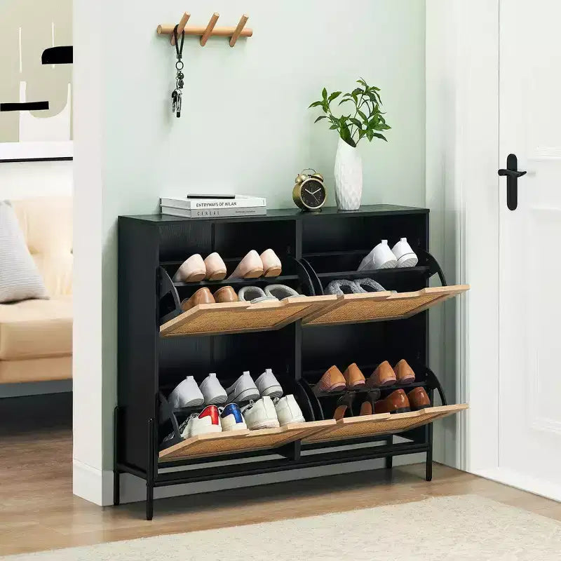 Meuble à chaussures en rotin pour entrée avec 4 portes, étagères réglables, peut contenir 20 paires, mobilier de rangement moderne, grande capacité de rangement