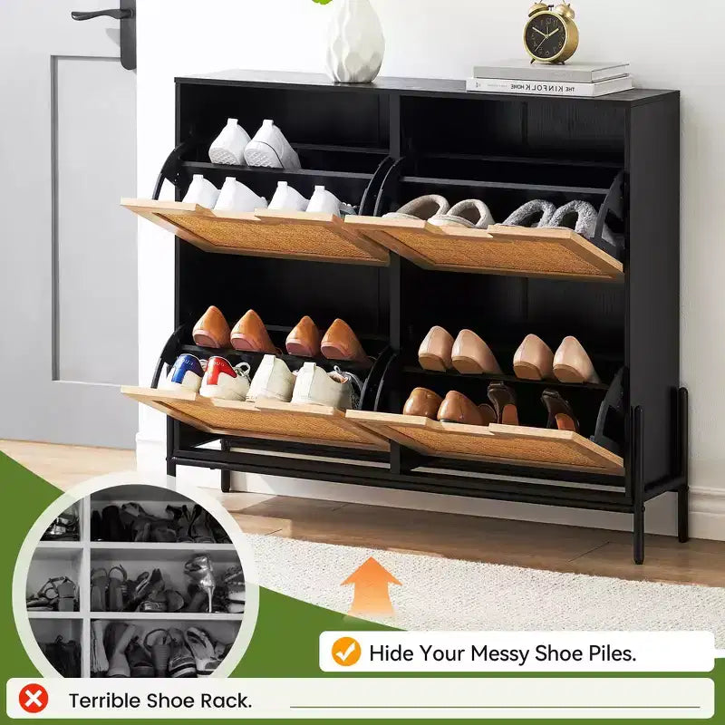 Meuble à chaussures en rotin pour entrée avec 4 portes, étagères réglables, peut contenir 20 paires, mobilier de rangement moderne, grande capacité de rangement